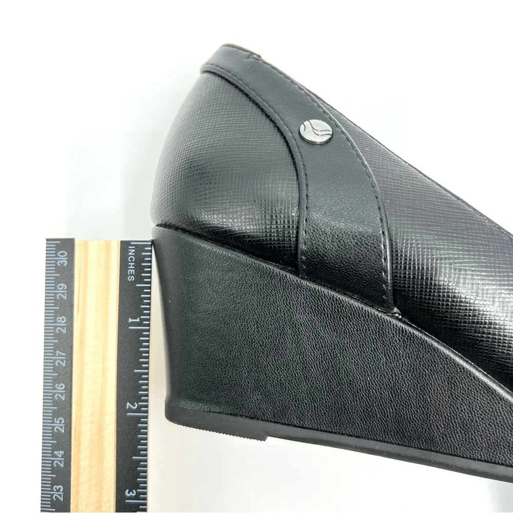 7‎ WIDE LifeStride Womens Dreams Black Faux Vegan Leather Wedge Pumps Heels